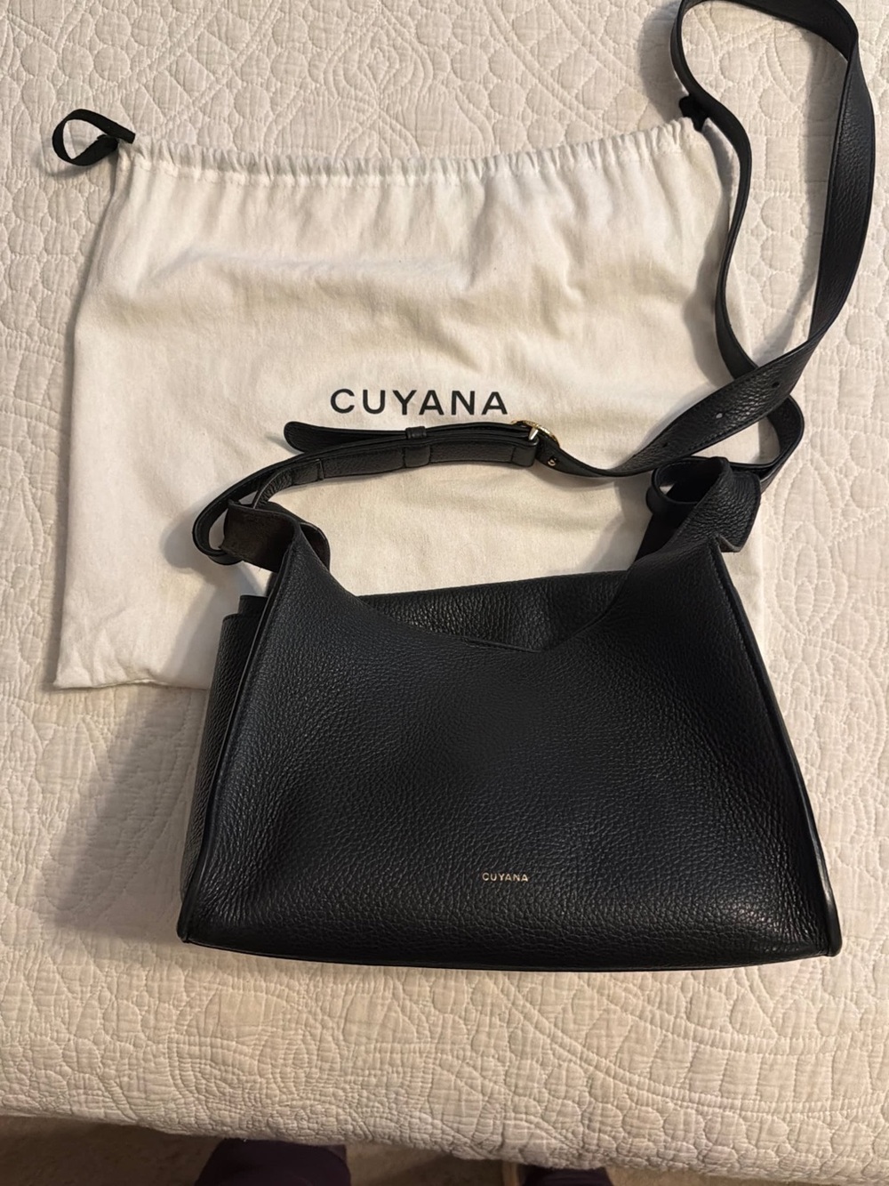 Cuyana Black Pebbled Leather Crossbody Shoulder Bag with Adjustable Strap